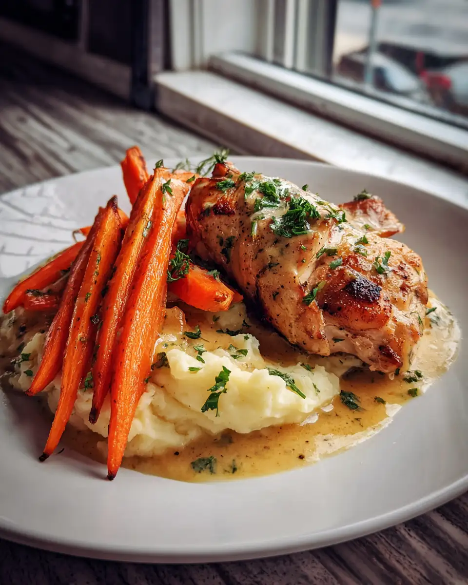 Final dish - Savor the Comfort: Creamy Herb Chicken with Lush Mashed Potatoes and Honey-Glazed Carrots
