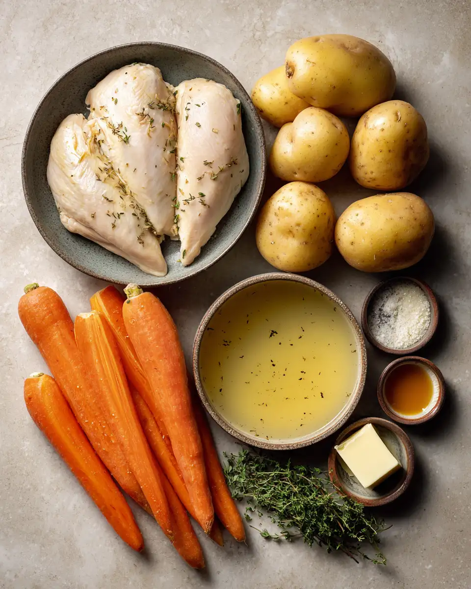 Ingredients for Savor the Comfort: Creamy Herb Chicken with Lush Mashed Potatoes and Honey-Glazed Carrots