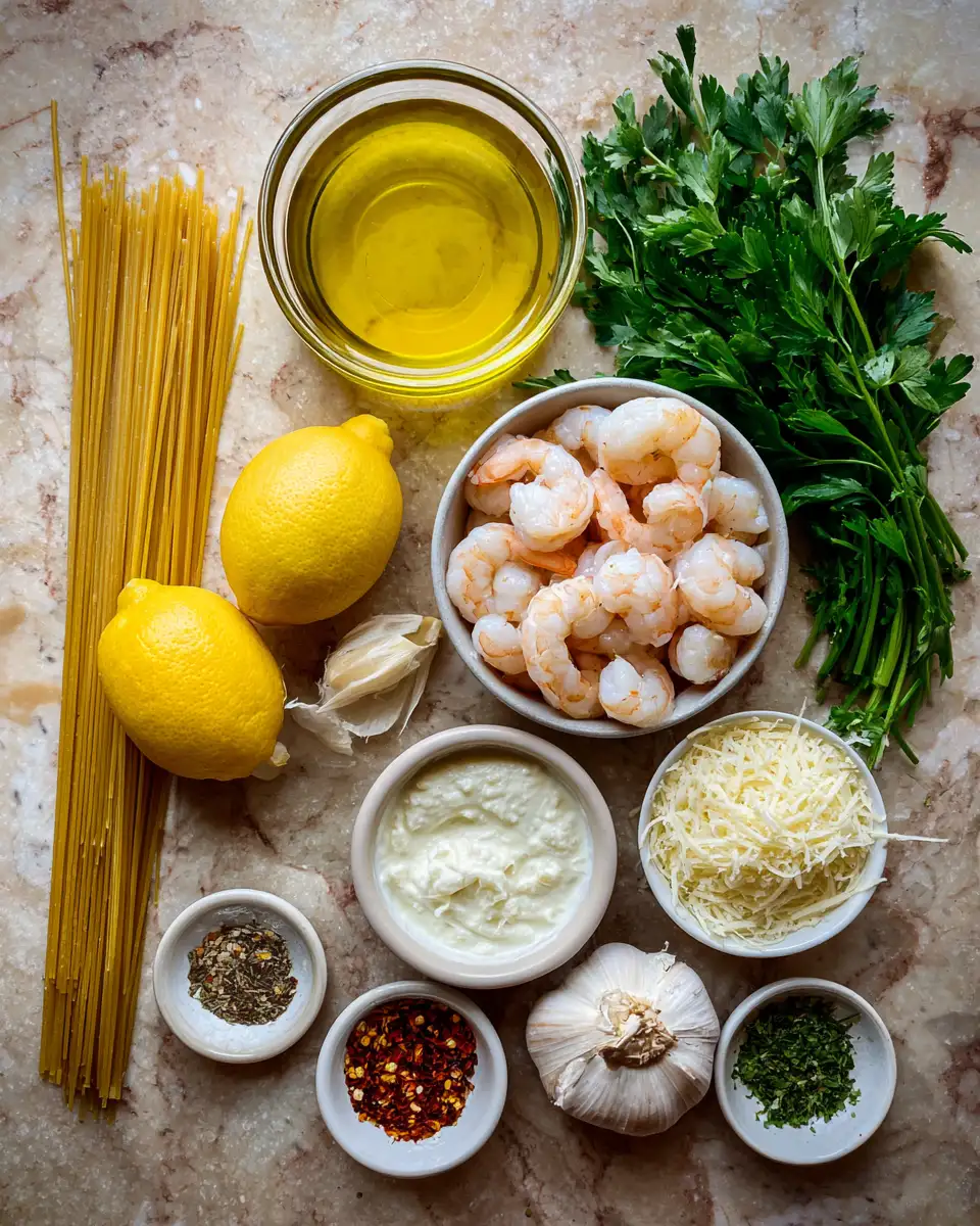 Ingredients for Dive into Decadence with Creamy Lemon Garlic Shrimp Pasta