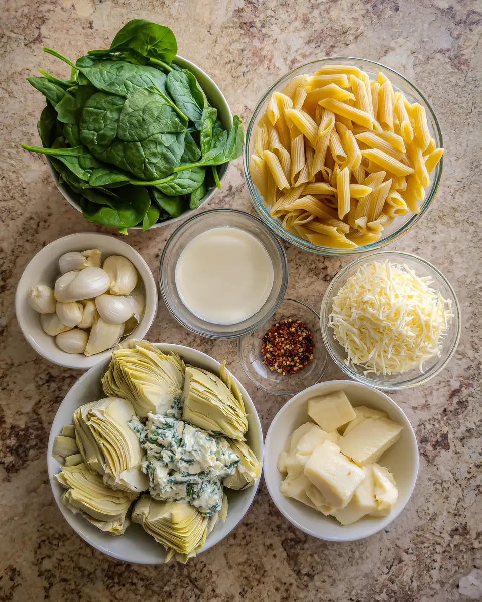 Decadent Delights: Dive into Creamy Spinach Artichoke Pasta 4 Ingredients for Decadent Delights: Dive into Creamy Spinach Artichoke Pasta