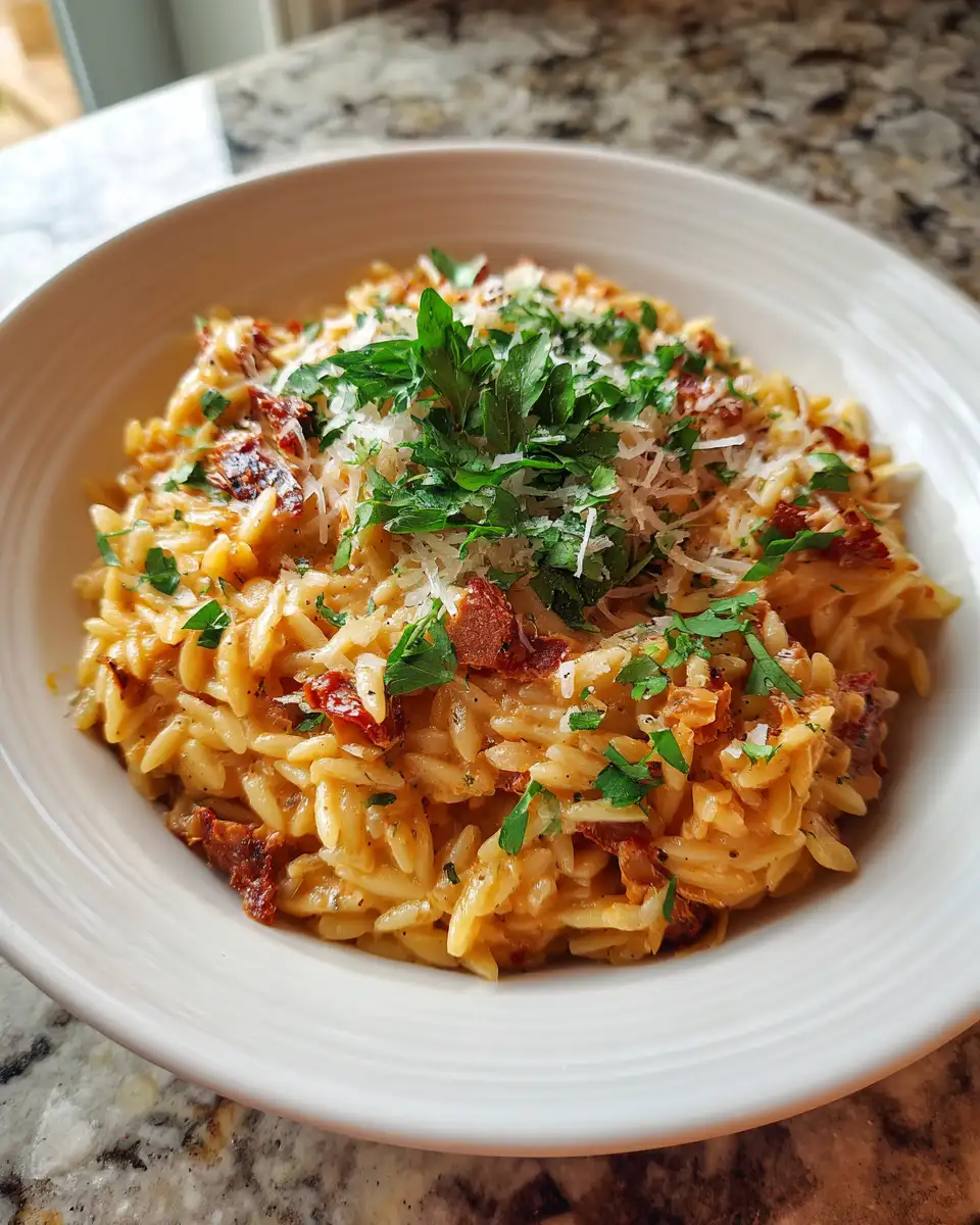 Final dish - Creamy Sun Dried Tomato Orzo: A Decadent Twist on Comfort Food