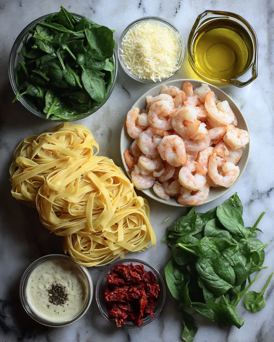 Indulge in the Ultimate Creamy Sun-Dried Tomato Shrimp and Spinach Pasta Delight 4 Ingredients for Indulge in the Ultimate Creamy Sun-Dried Tomato Shrimp and Spinach Pasta Delight