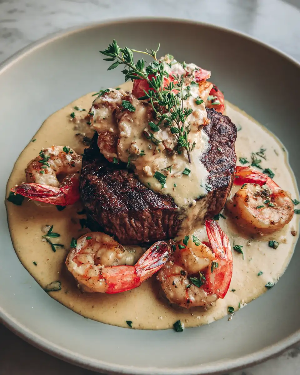 Decadent Filet Mignon with Shrimp and Lobster Cream Sauce Delight 6 Final dish - Decadent Filet Mignon with Shrimp and Lobster Cream Sauce Delight