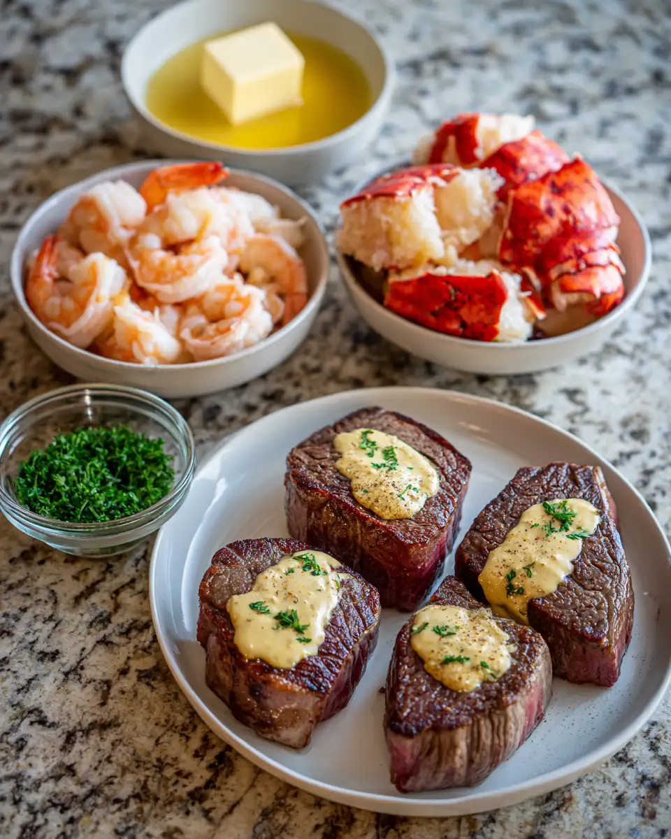 Decadent Filet Mignon with Shrimp and Lobster Cream Sauce Delight 4 Ingredients for Decadent Filet Mignon with Shrimp and Lobster Cream Sauce Delight