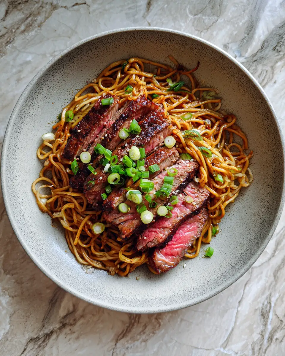 Sizzle and Savory: Garlic Butter Steak Lightning Noodles Recipe 6 Final dish - Sizzle and Savory: Garlic Butter Steak Lightning Noodles Recipe