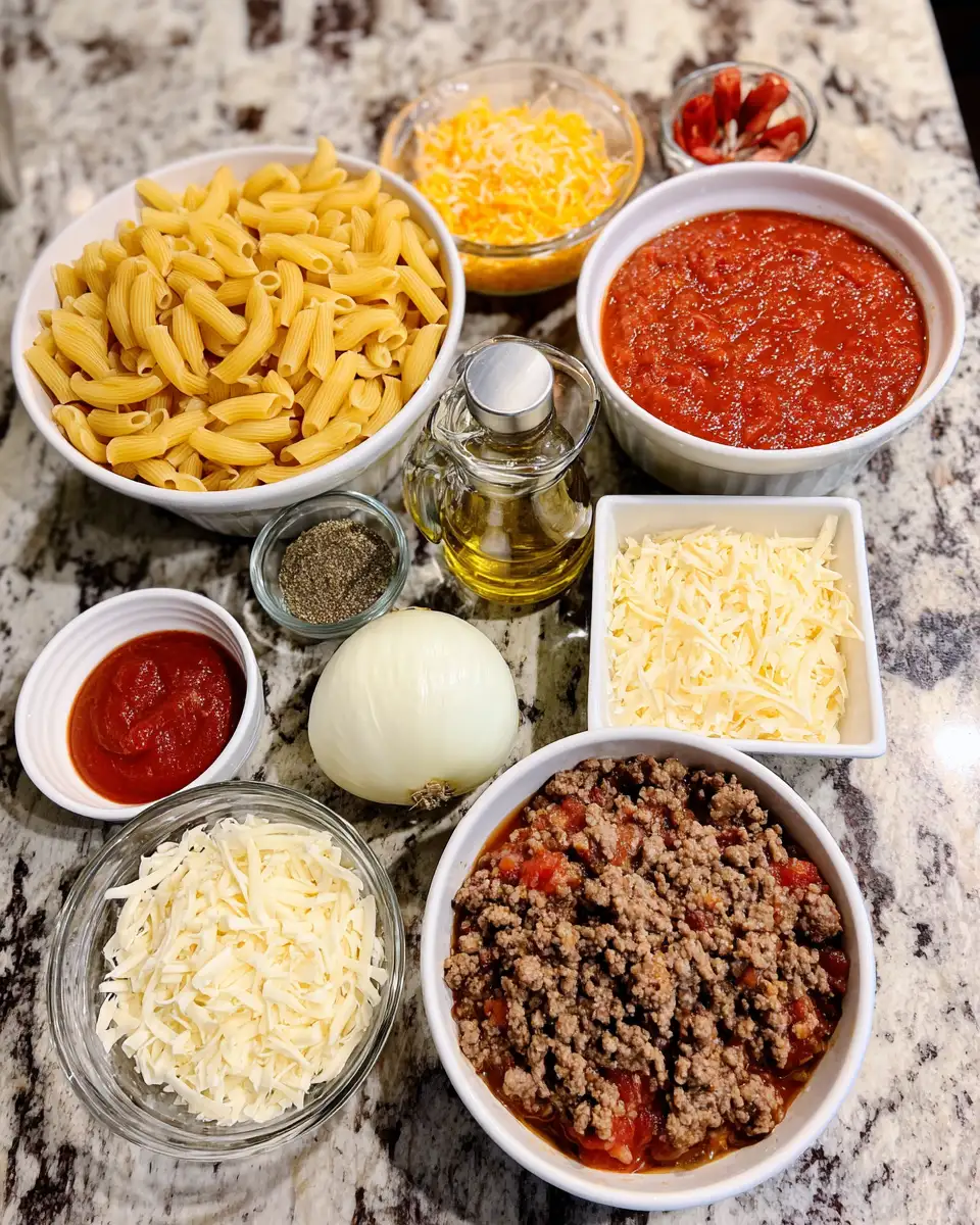 Ingredients for Sizzling Ground Beef Pasta Bake: Comfort Food Heaven