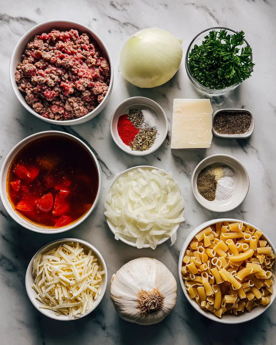 Ingredients for Quick and Cozy Ground Beef Pasta Dinner Made Easy