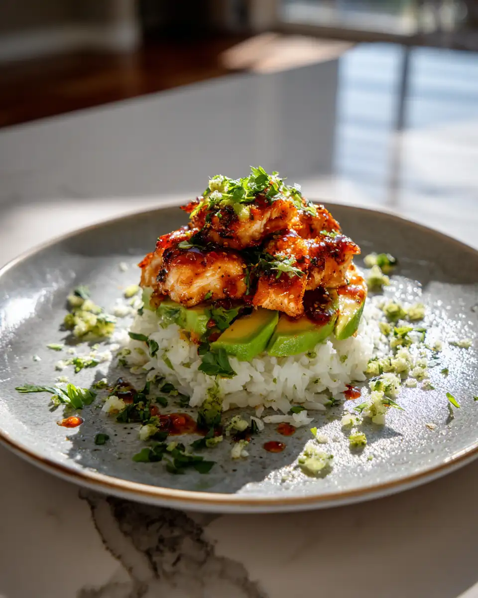 Final dish - Zesty Honey Lime Chicken & Avocado Rice Stack Delight