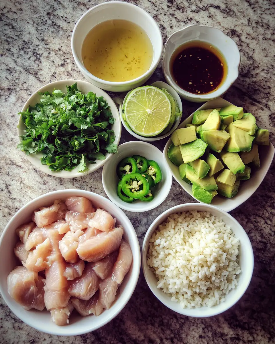 Ingredients for Zesty Honey Lime Chicken & Avocado Rice Stack Delight