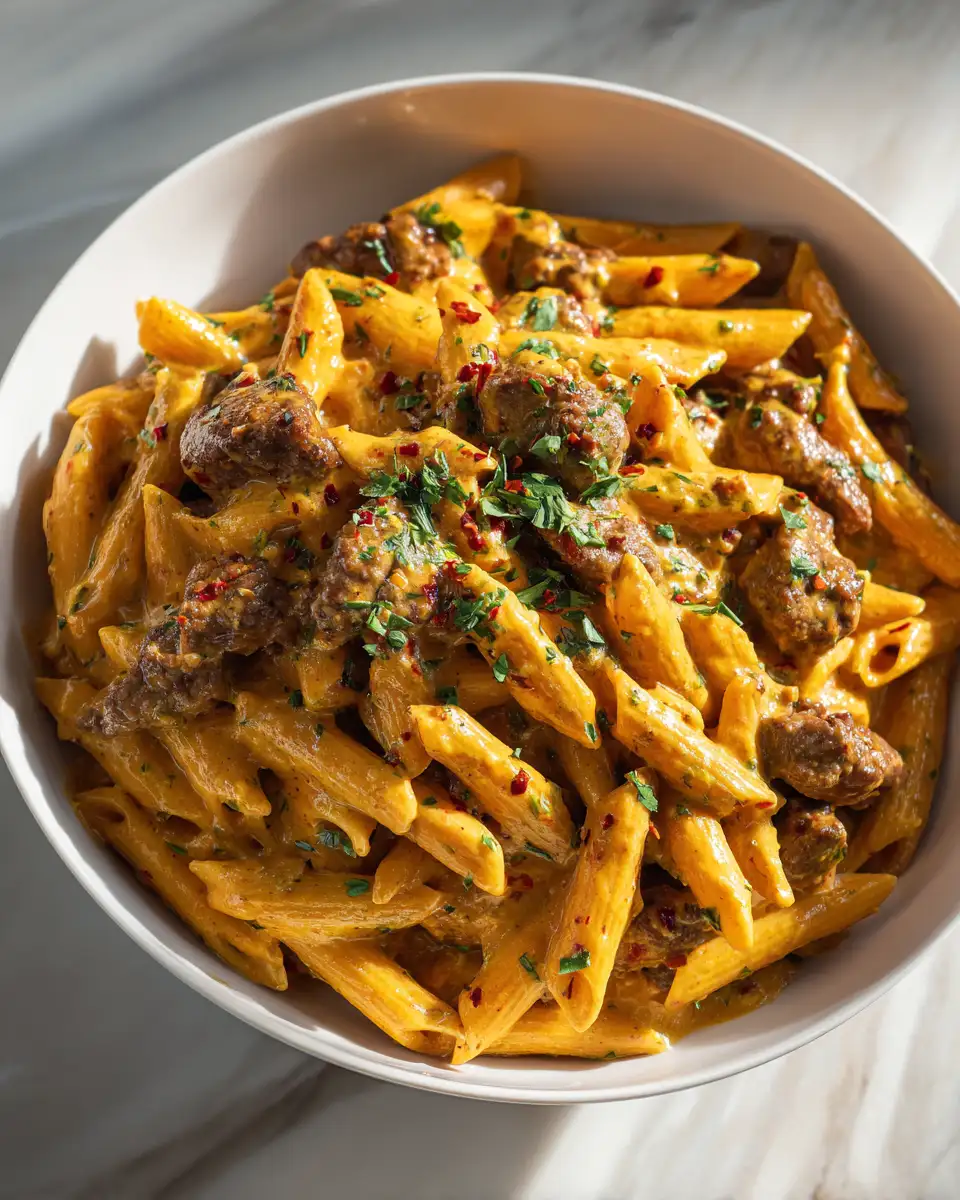 Indulge Guilt-Free: Low Carb Creamy Garlic Beef Penne Delight - Featured Image