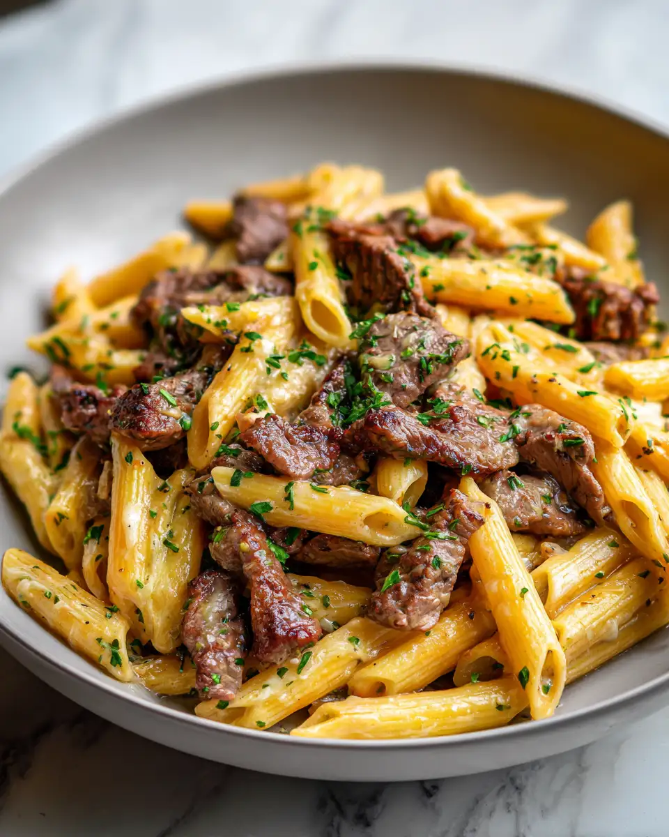 Final dish - Indulge Guilt-Free: Low Carb Creamy Garlic Beef Penne Delight