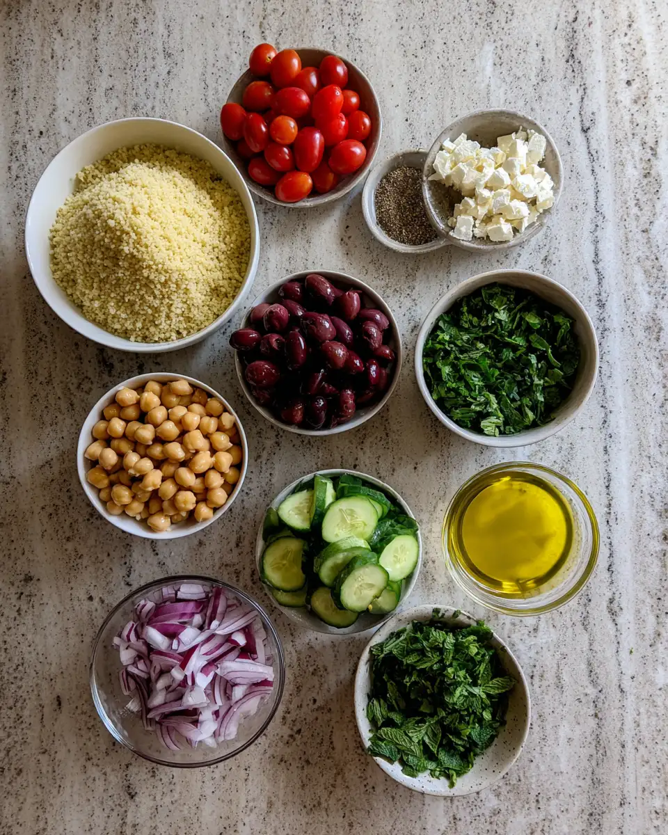 Ingredients for Zesty Mediterranean Chickpea Couscous Salad: A Flavorful Journey in Every Bite