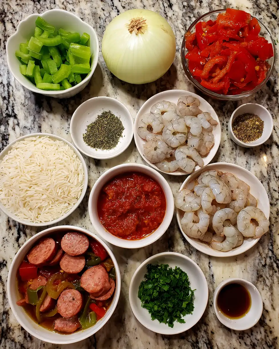 Savor the Simplicity: One Pot Shrimp and Sausage Jambalaya Magic 4 Ingredients for Savor the Simplicity: One Pot Shrimp and Sausage Jambalaya Magic