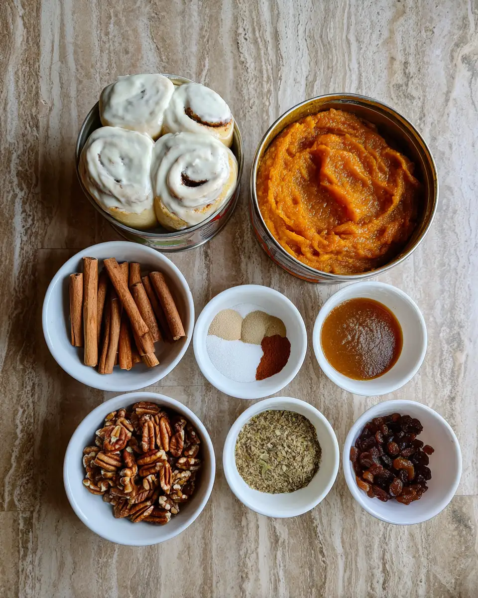Ingredients for Decadent Pumpkin Cinnamon Roll Bake for Cozy Fall Mornings