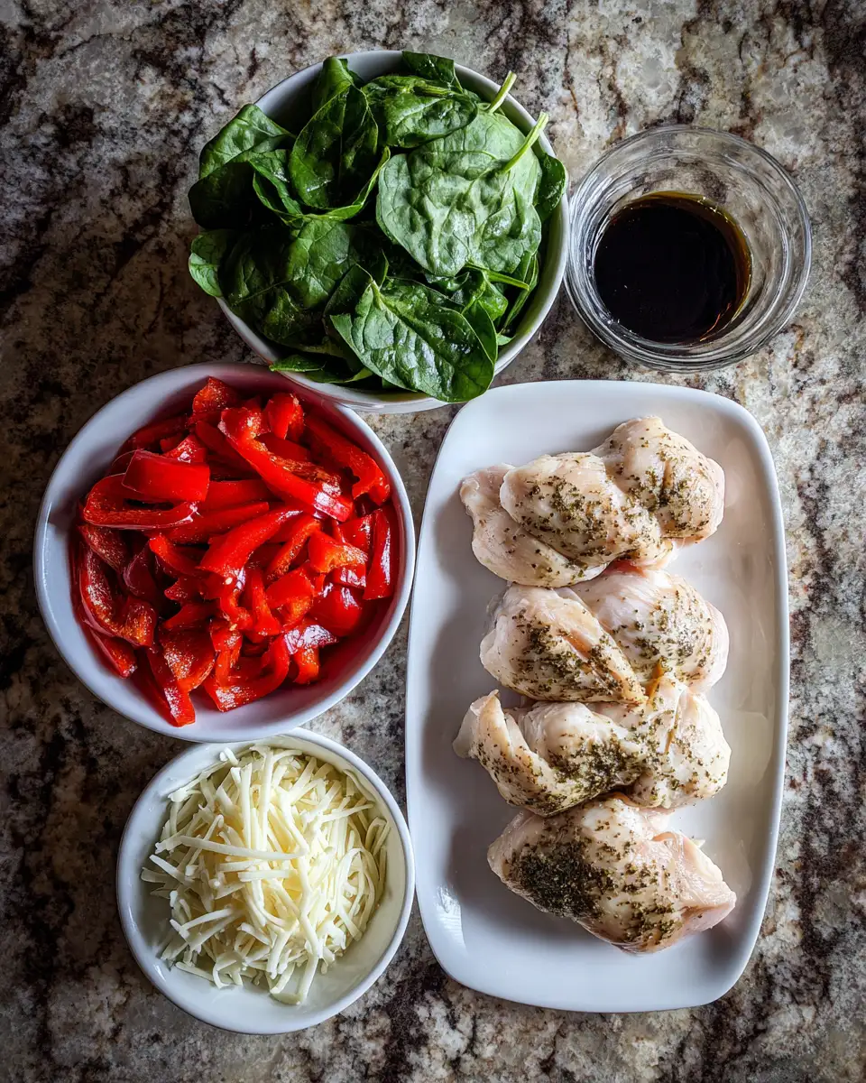 Irresistibly Juicy: Roasted Red Pepper, Spinach, and Mozzarella Stuffed Chicken Delight 4 Ingredients for Irresistibly Juicy: Roasted Red Pepper, Spinach, and Mozzarella Stuffed Chicken Delight