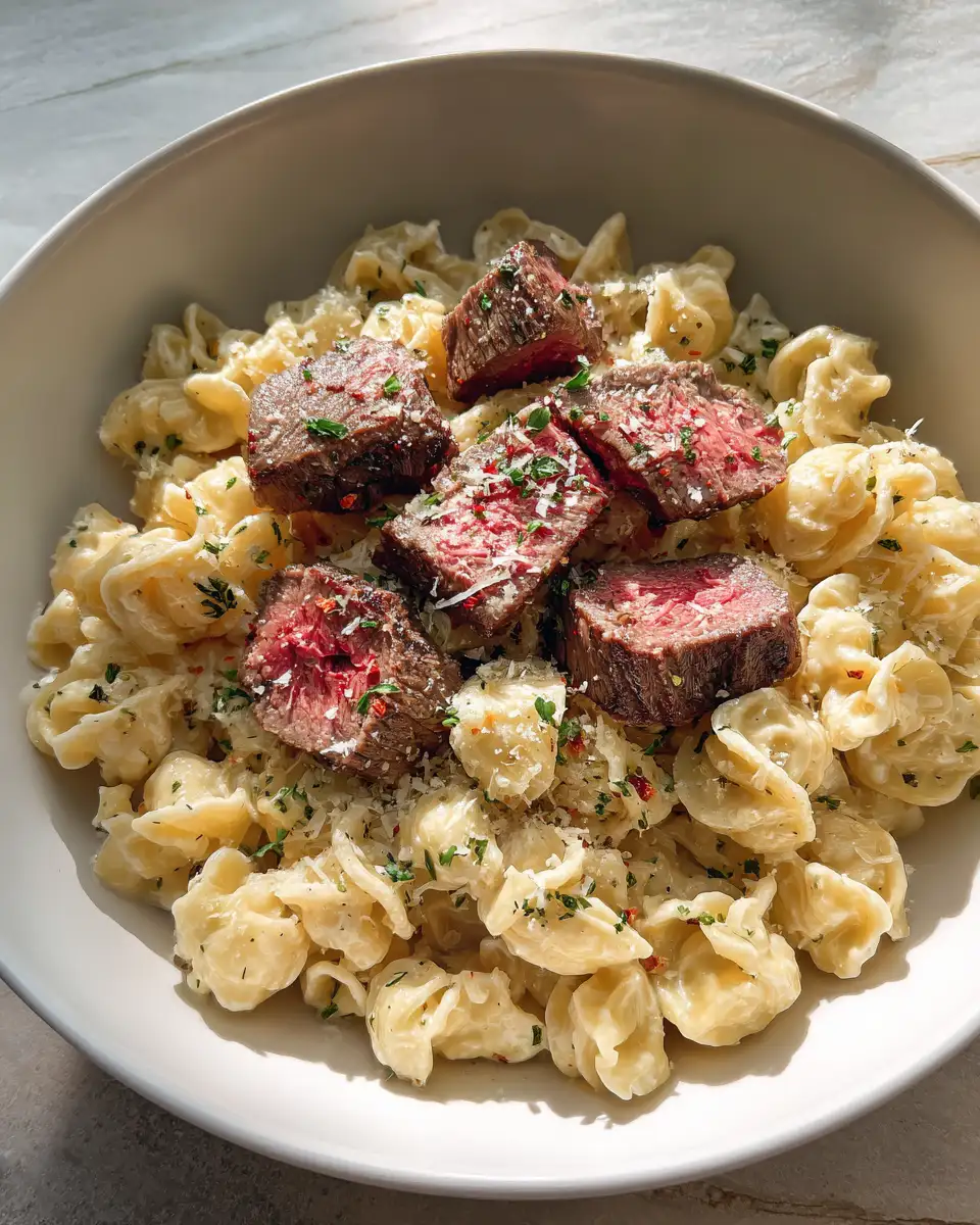 Final dish - Savor the Flavor: Steak Bites & Creamy Parmesan Pasta with Garlic Butter Bliss