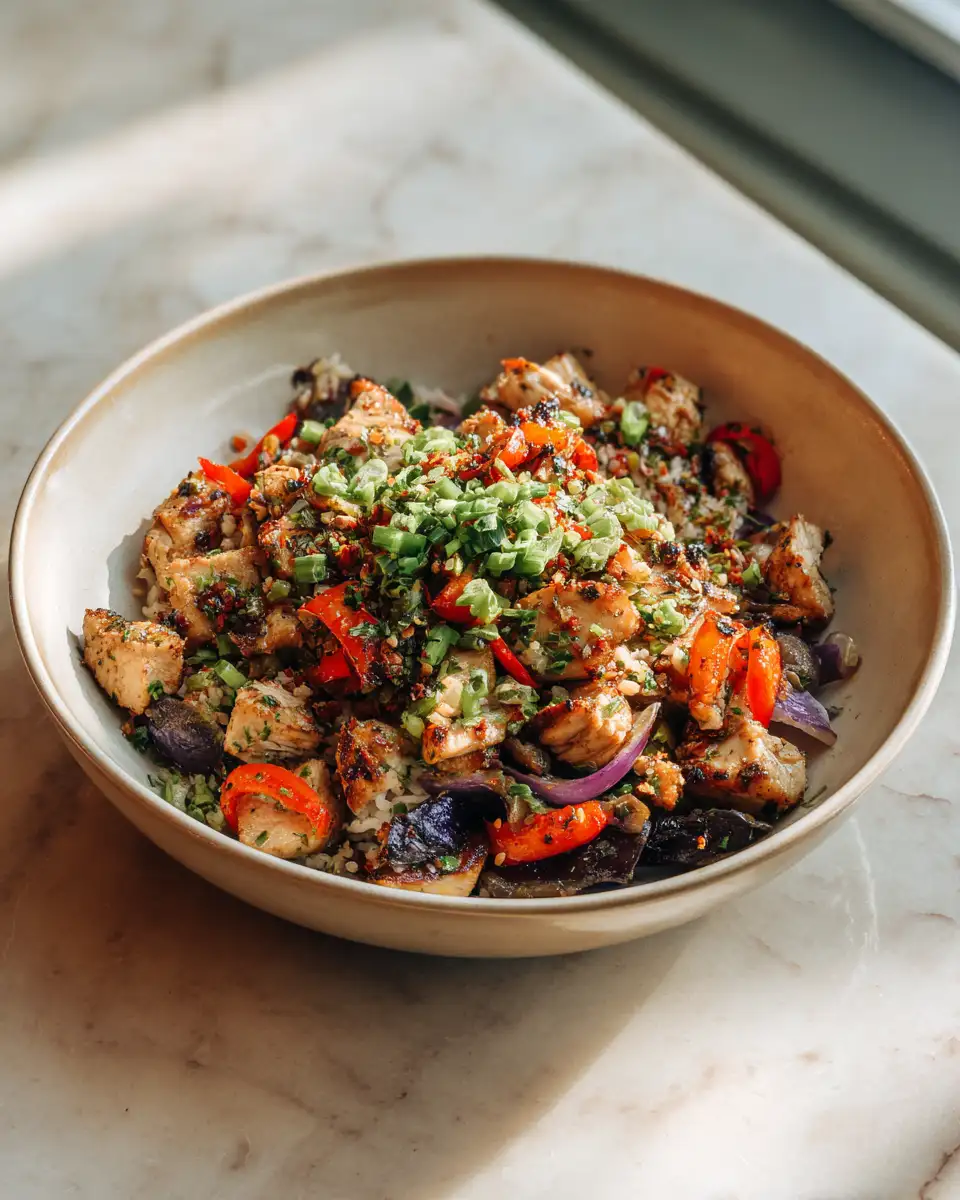 Final dish - Savor the Heat with Our Spicy Garlic Chicken Bowl Delight