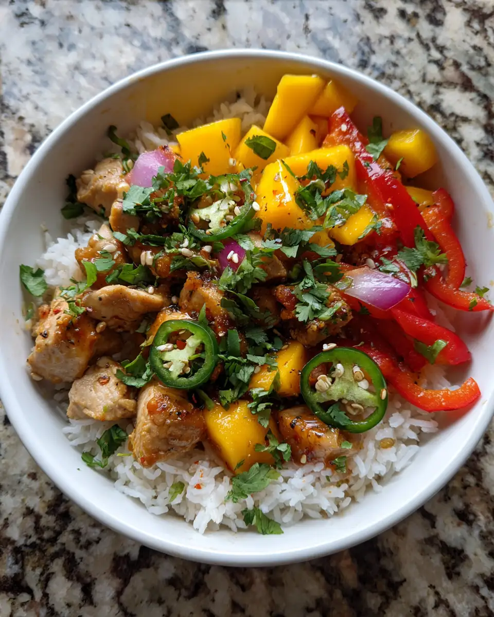 Savor the Heat: Spicy Mango Chicken Rice Bowl Delight 4 Ingredients for Savor the Heat: Spicy Mango Chicken Rice Bowl Delight