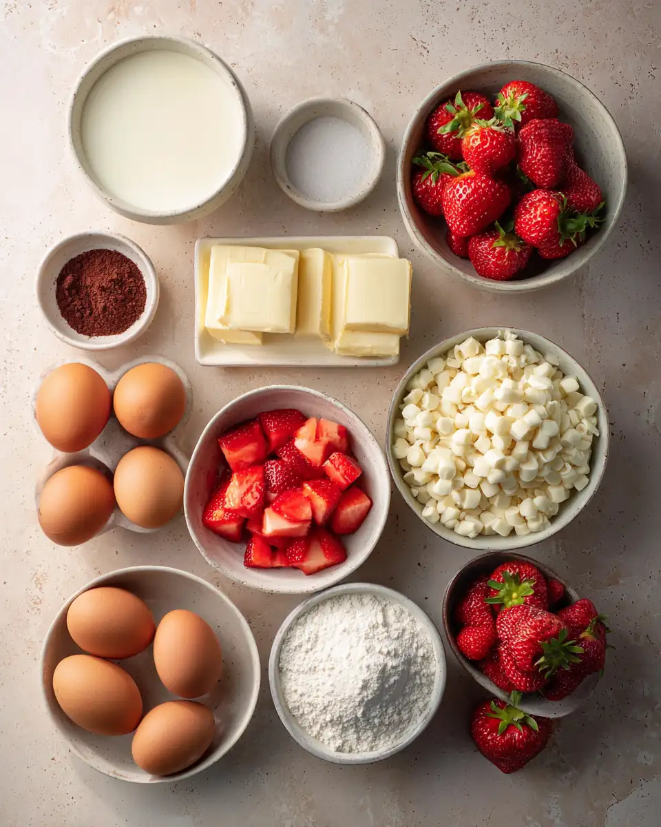 Ingredients for Decadent Strawberry Brownies With Creamy Frosting Delight