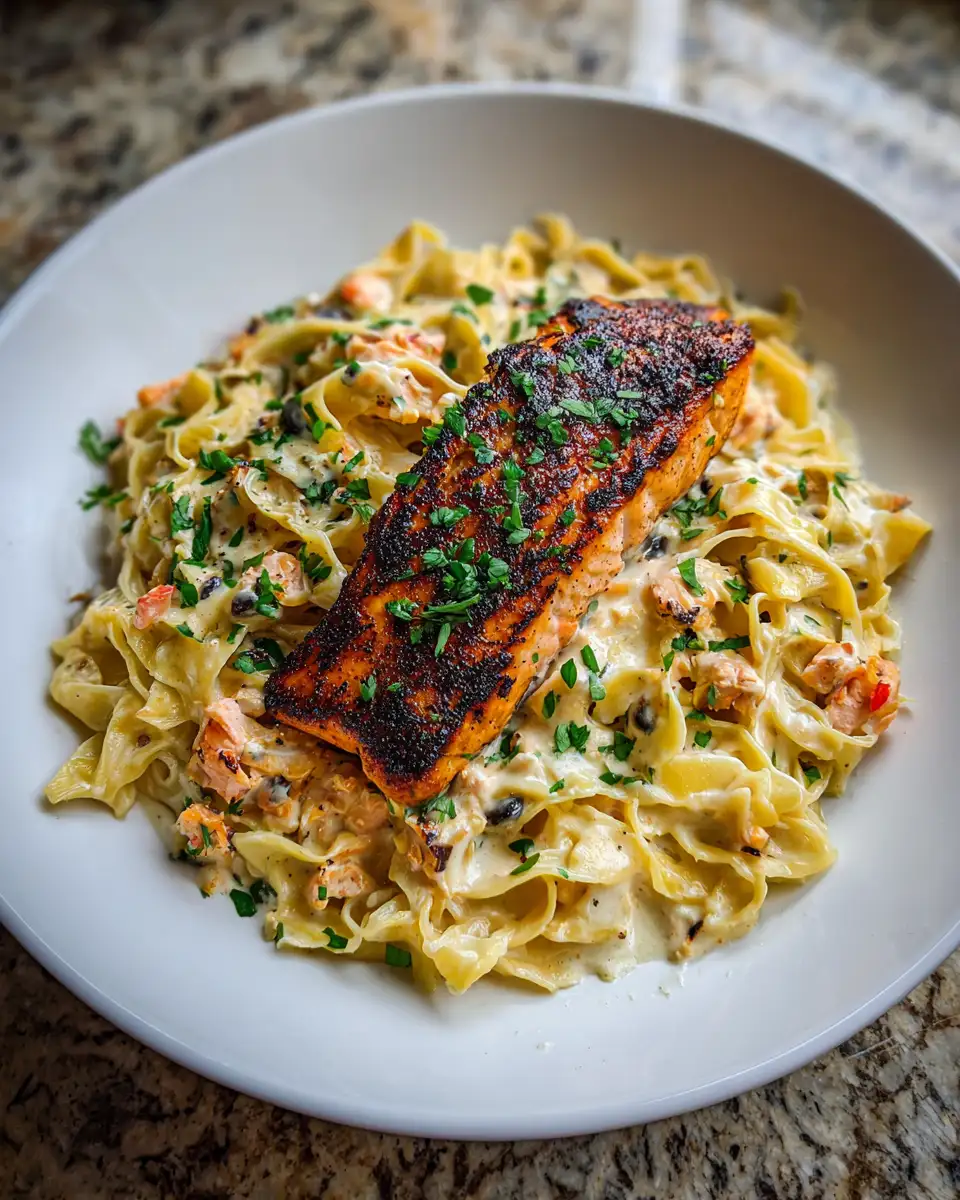 Savor the Flavors: Blackened Salmon Alfredo Pasta Delight 6 Final dish - Savor the Flavors: Blackened Salmon Alfredo Pasta Delight