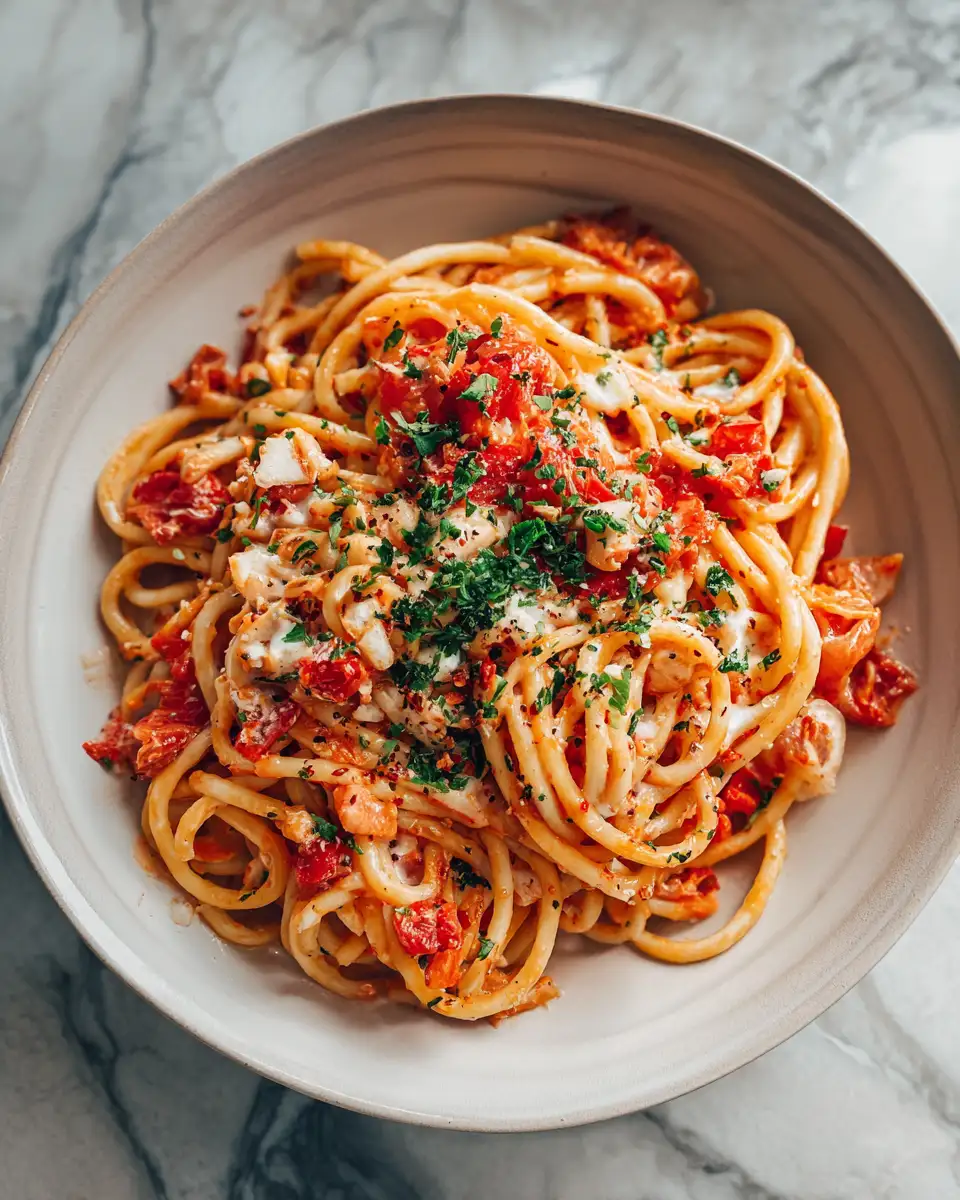 Final dish - Indulge in Irresistible Creamy Garlic Tomato Pasta Bliss