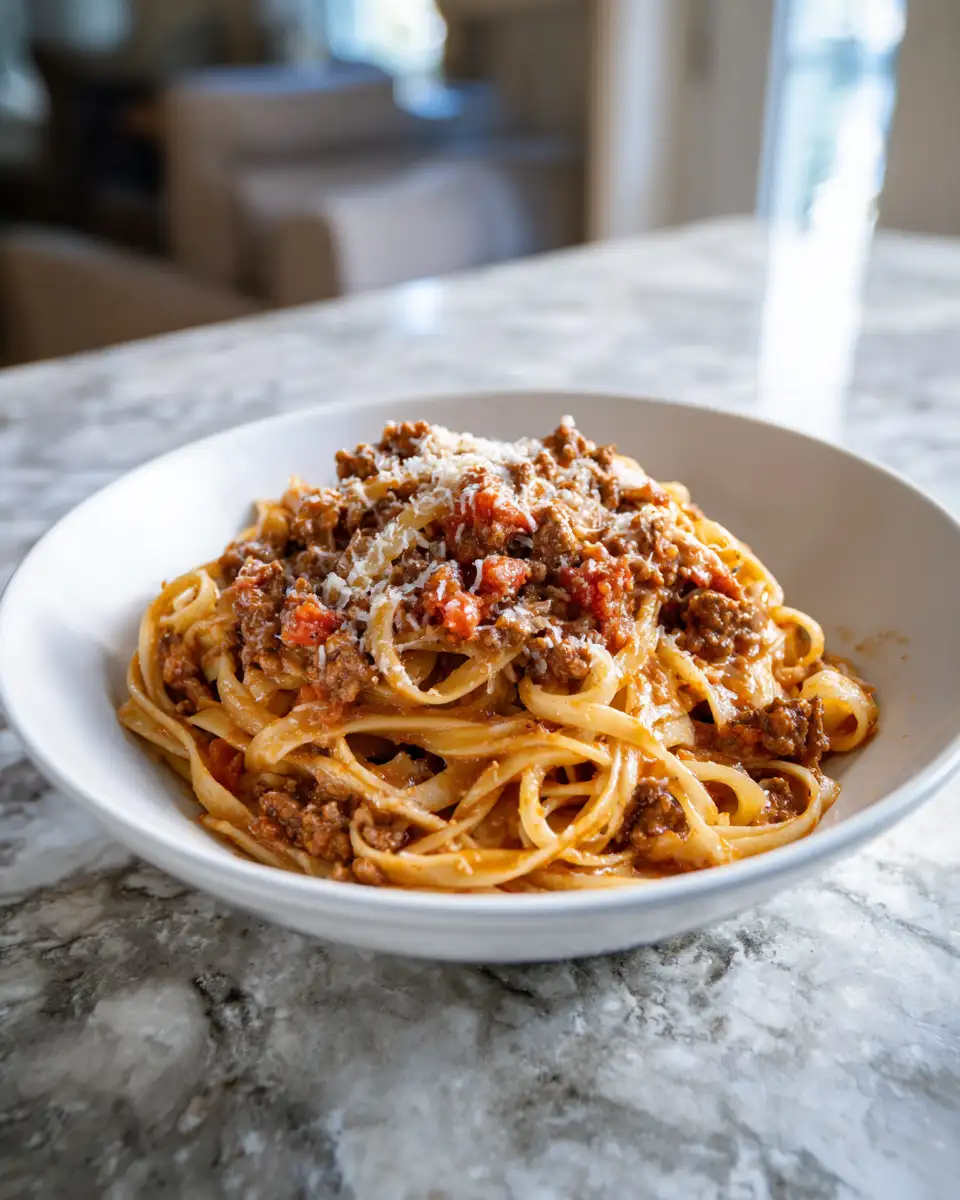 Final dish - Indulge in Irresistible Comfort Creamy Parmesan Beef Pasta Delight
