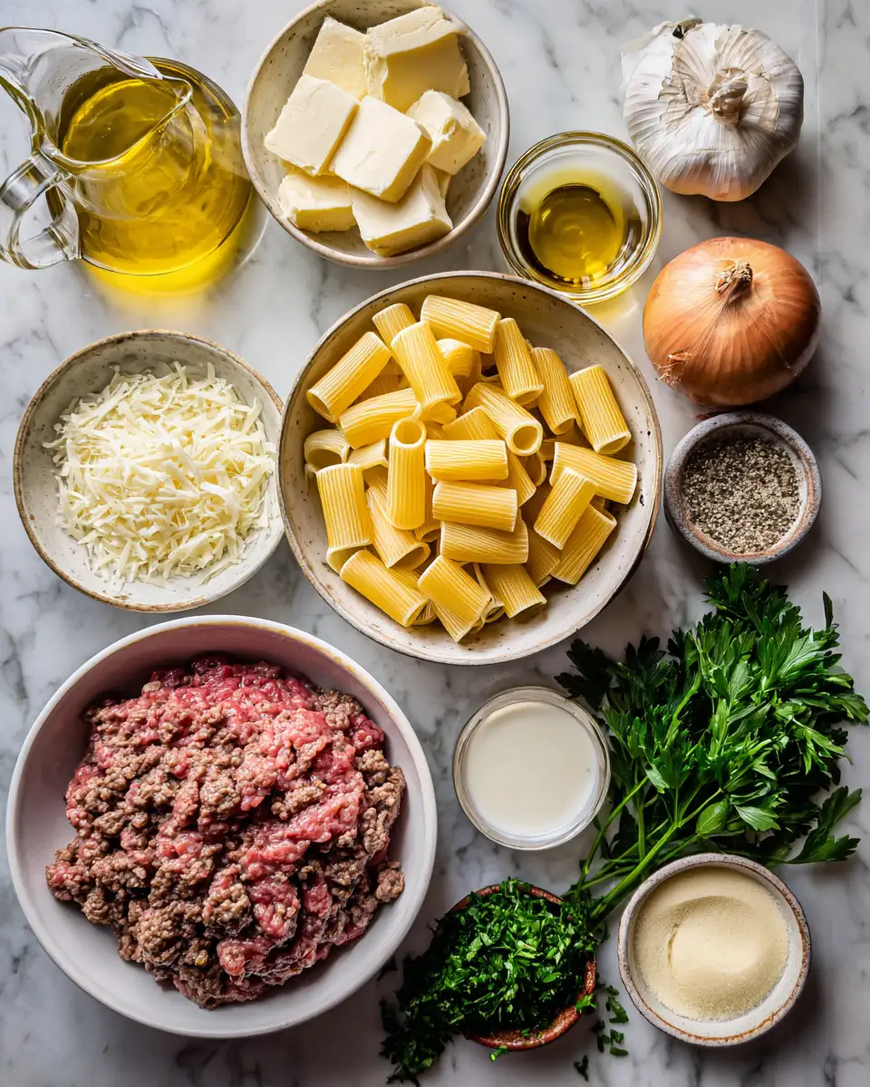 Ingredients for Indulge in Irresistible Comfort Creamy Parmesan Beef Pasta Delight
