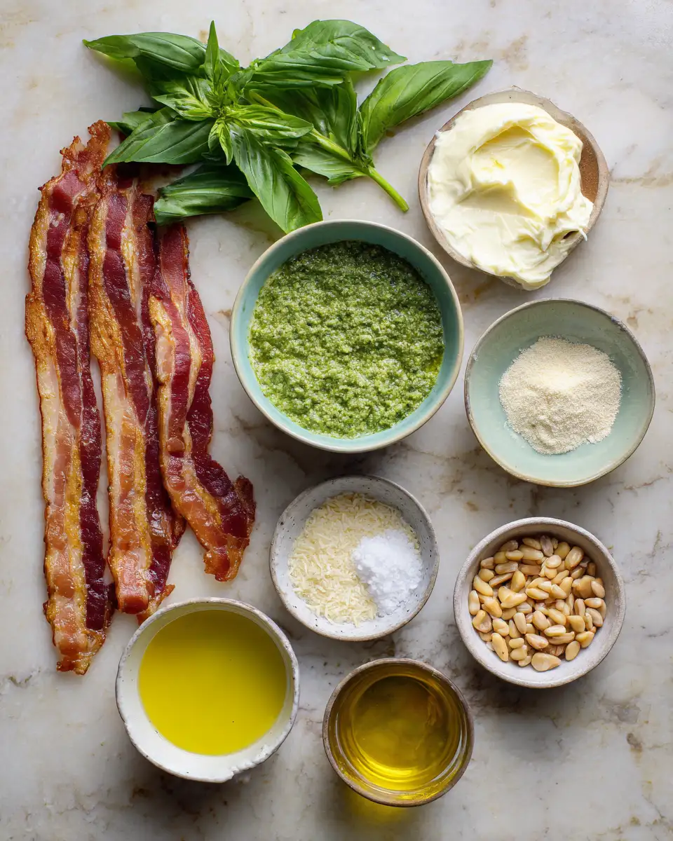 Ingredients for Sizzle and Drizzle: Bacon Meets Creamy Pesto Dressing Delight