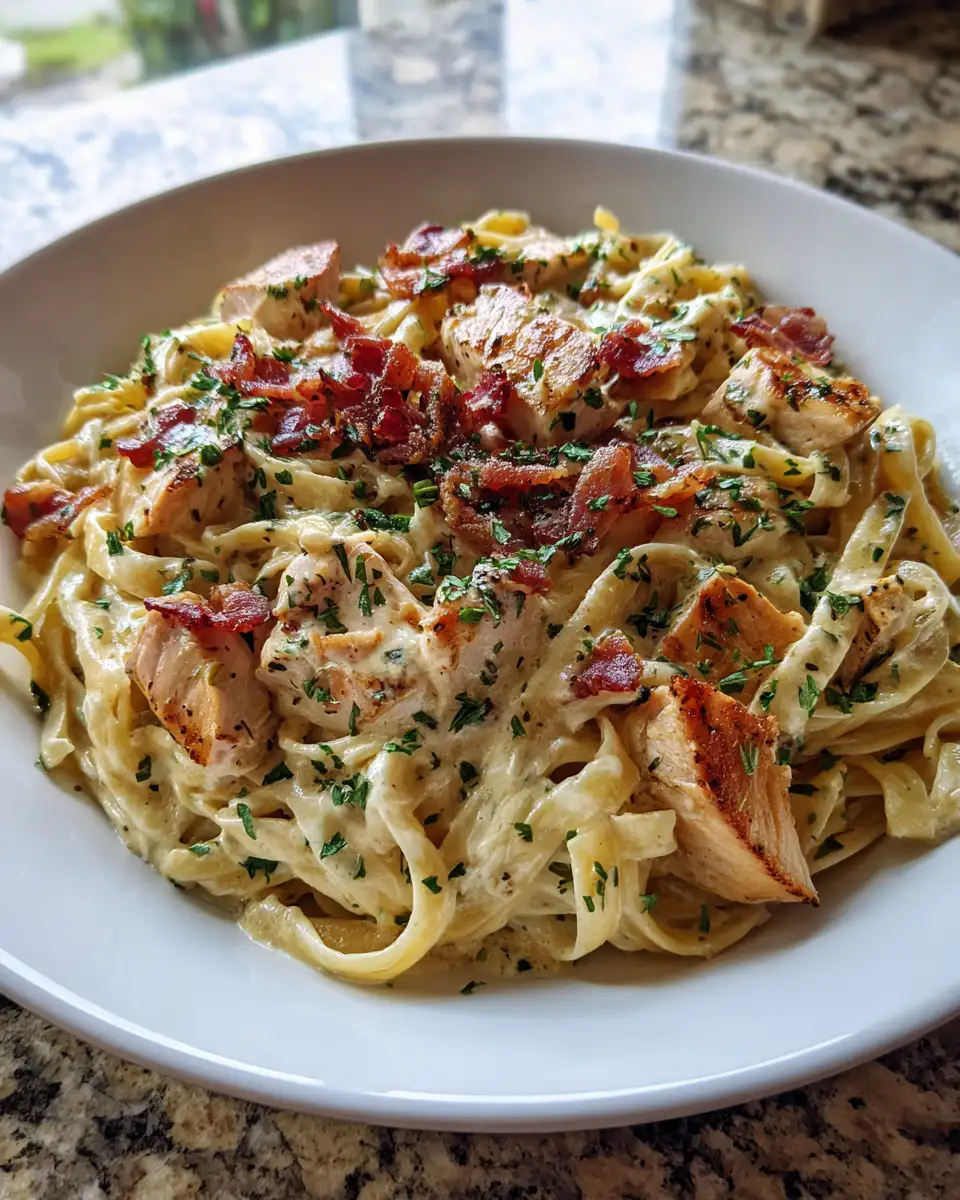 Final dish - Indulge in the Ultimate Creamy Bacon Chicken Pasta Delight
