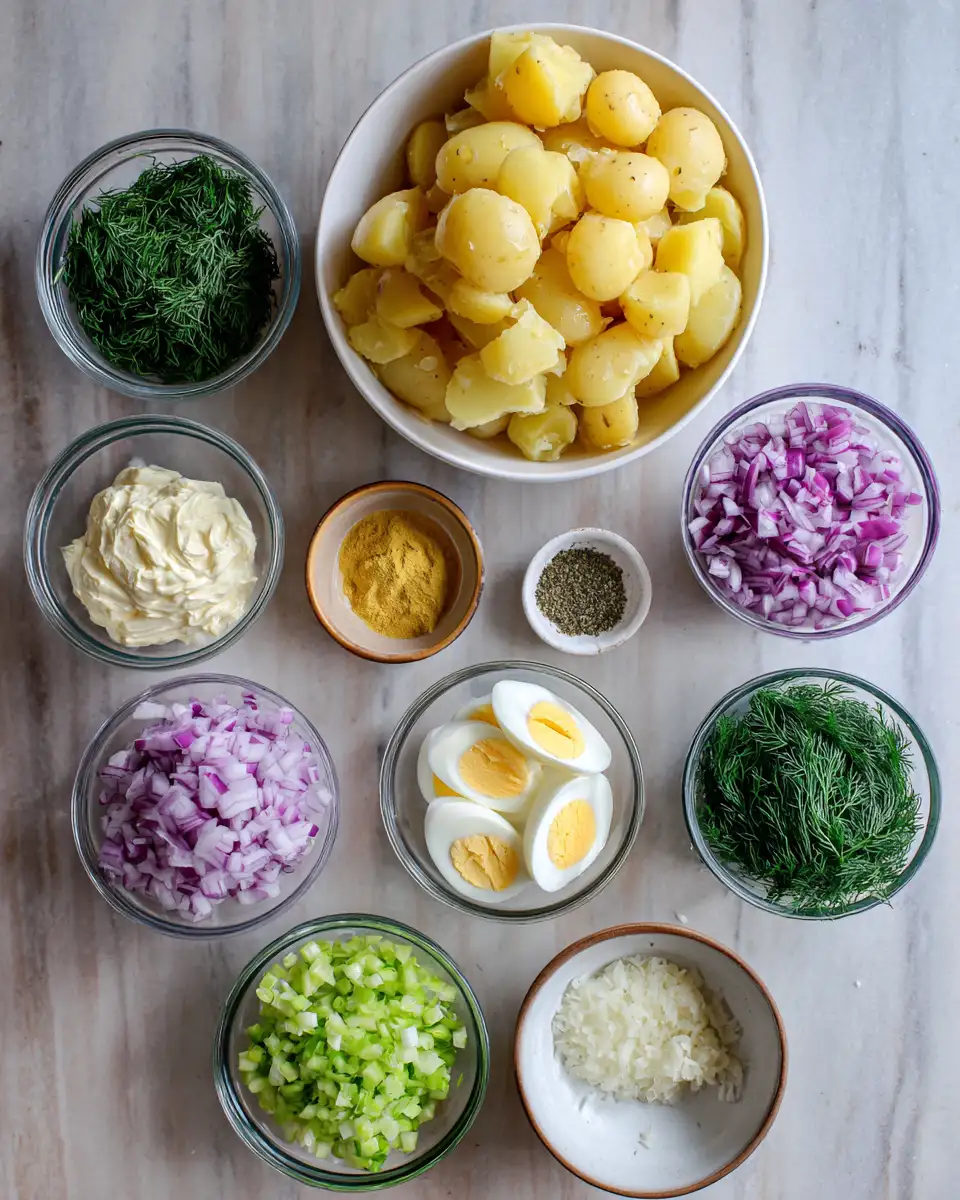 Ingredients for Ultimate Creamy Dill Potato Salad Perfect for Any Picnic