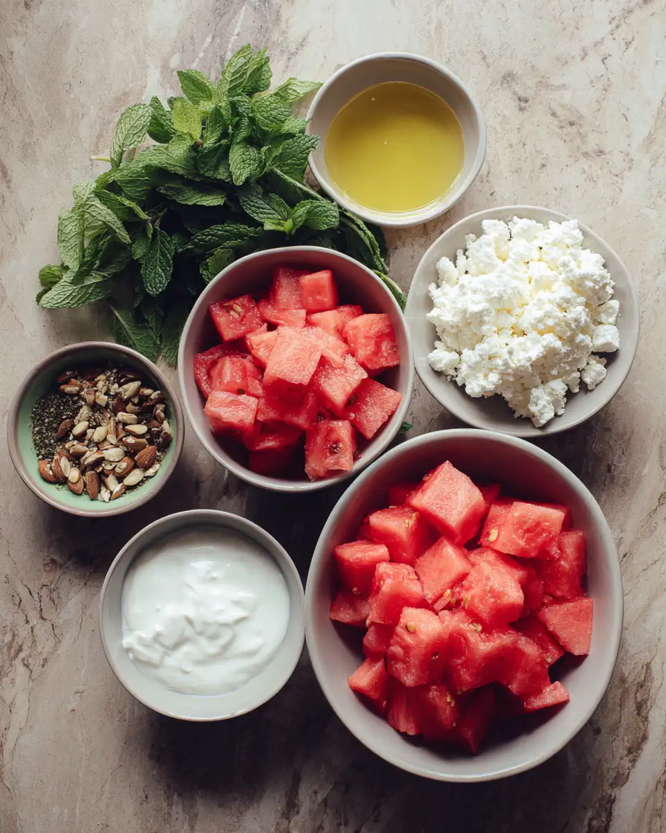 Summer Bliss: Dive Into a Creamy Watermelon Salad Delight 4 Ingredients for Summer Bliss: Dive Into a Creamy Watermelon Salad Delight