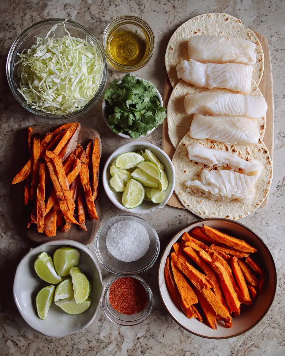 Dive into Deliciousness: Healthy Fish Tacos with Sweet Potato Fries 4 Ingredients for Dive into Deliciousness: Healthy Fish Tacos with Sweet Potato Fries