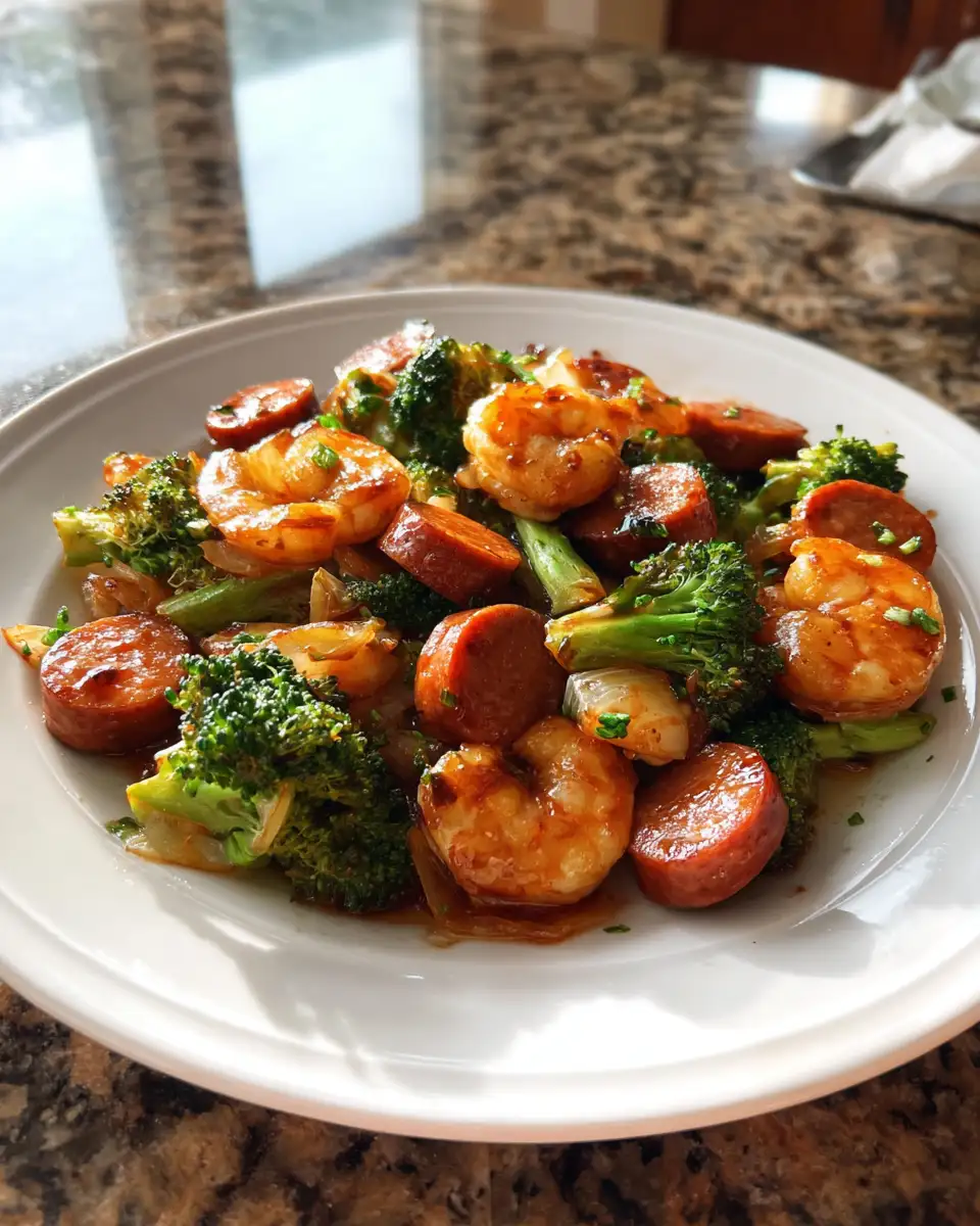 Final dish - Savor the Sweet and Savory Symphony of Honey Garlic Shrimp Sausage & Broccoli
