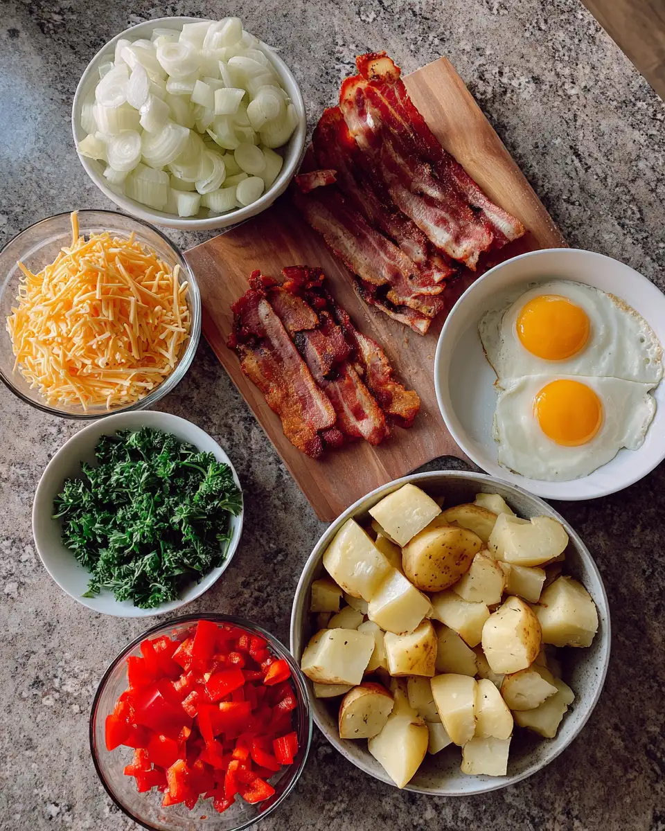 Sizzling Morning Feast: Loaded Breakfast Skillet with Eggs & Bacon 4 Ingredients for Sizzling Morning Feast: Loaded Breakfast Skillet with Eggs & Bacon
