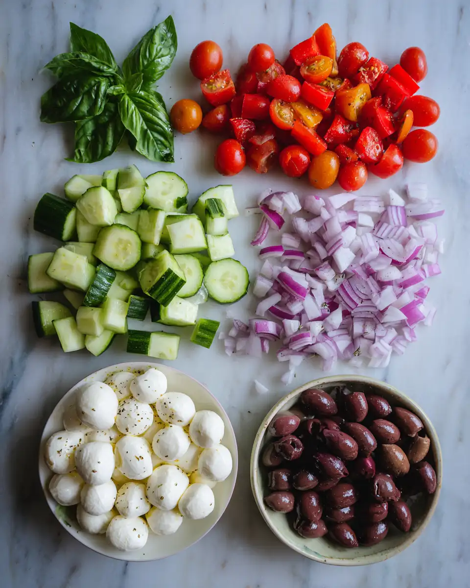 Ingredients for Délice Méditerranéen : Salade Grecque Fraîche avec Mozzarella et Olives