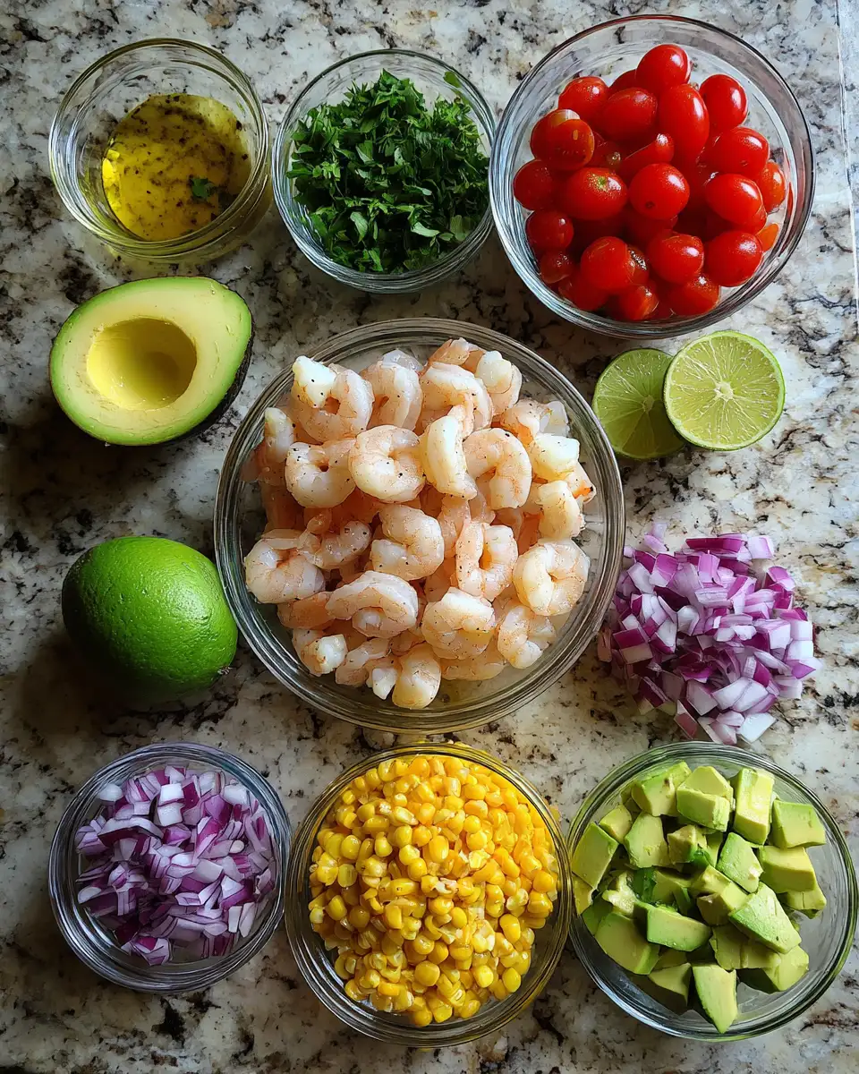 Ingredients for Zesty Shrimp Avocado Corn Salad Delight
