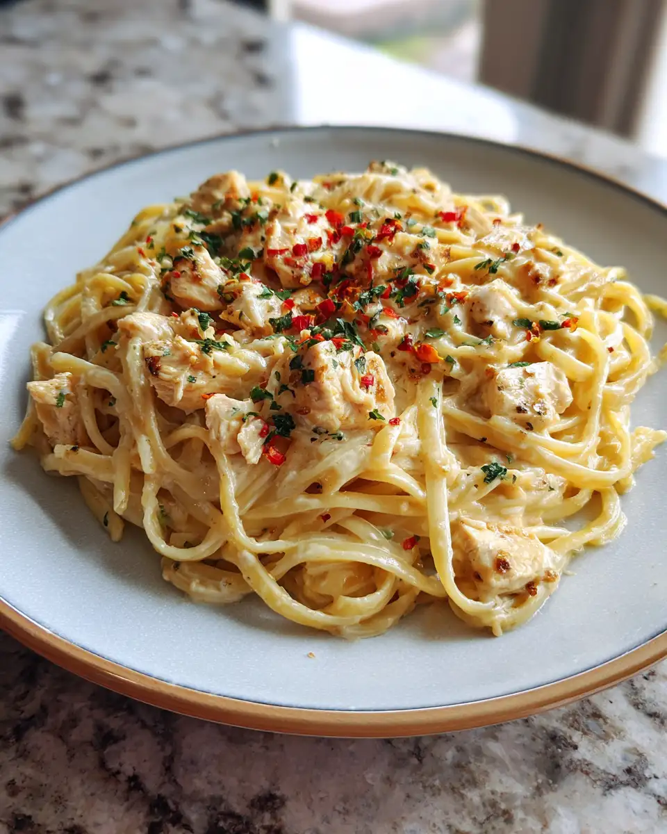 Final dish - Fiery Garlic Twist: A Sensational Spicy Chicken Alfredo Delight