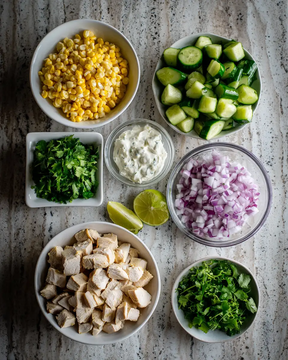 Ingredients for Zesty Fusion: Street Corn Creamy Cucumber Chicken Salad Delight