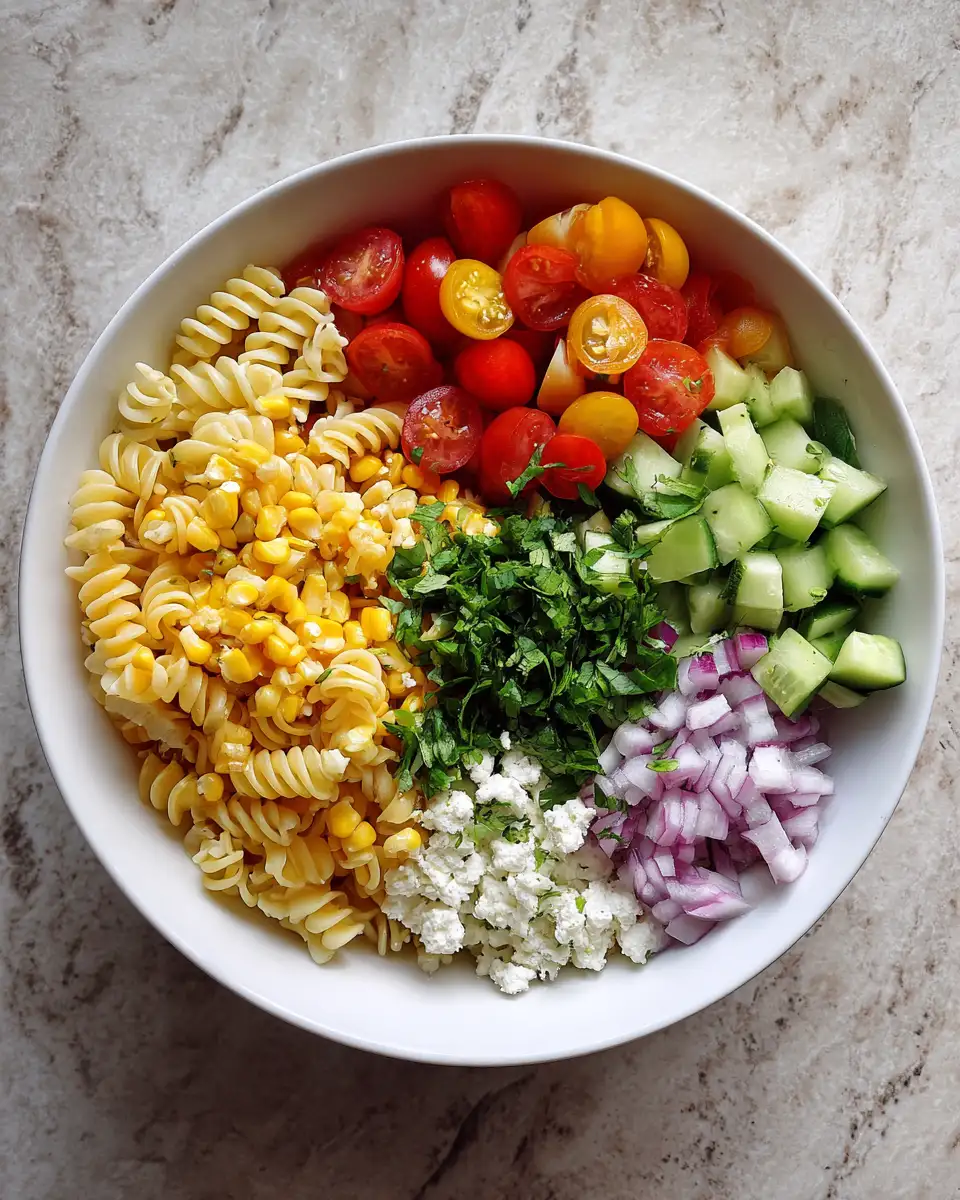 Ingredients for Sunshine in a Bowl Summer Pasta Salad with Corn Delight