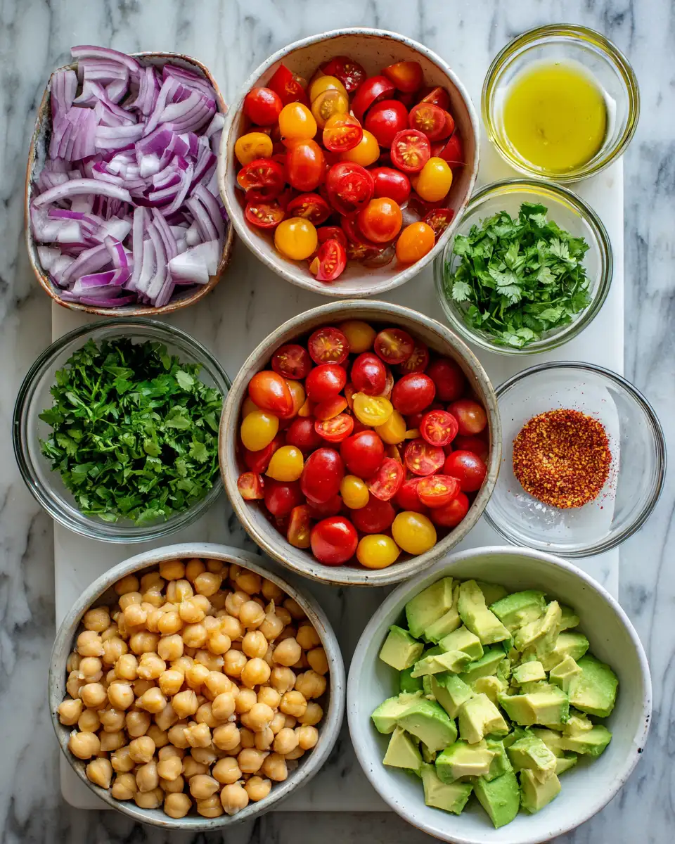 Ingredients for Fresh & Flavorful: Tomato Chickpea Avocado Salad Delight