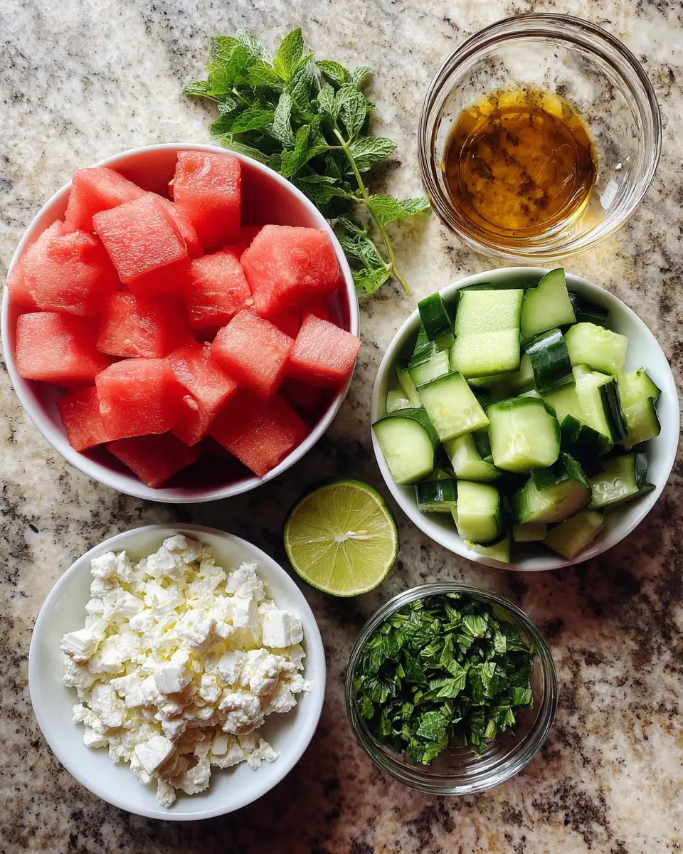 Refreshing Delight Watermelon Cucumber Feta Salad Fiesta 4 Ingredients for Refreshing Delight Watermelon Cucumber Feta Salad Fiesta