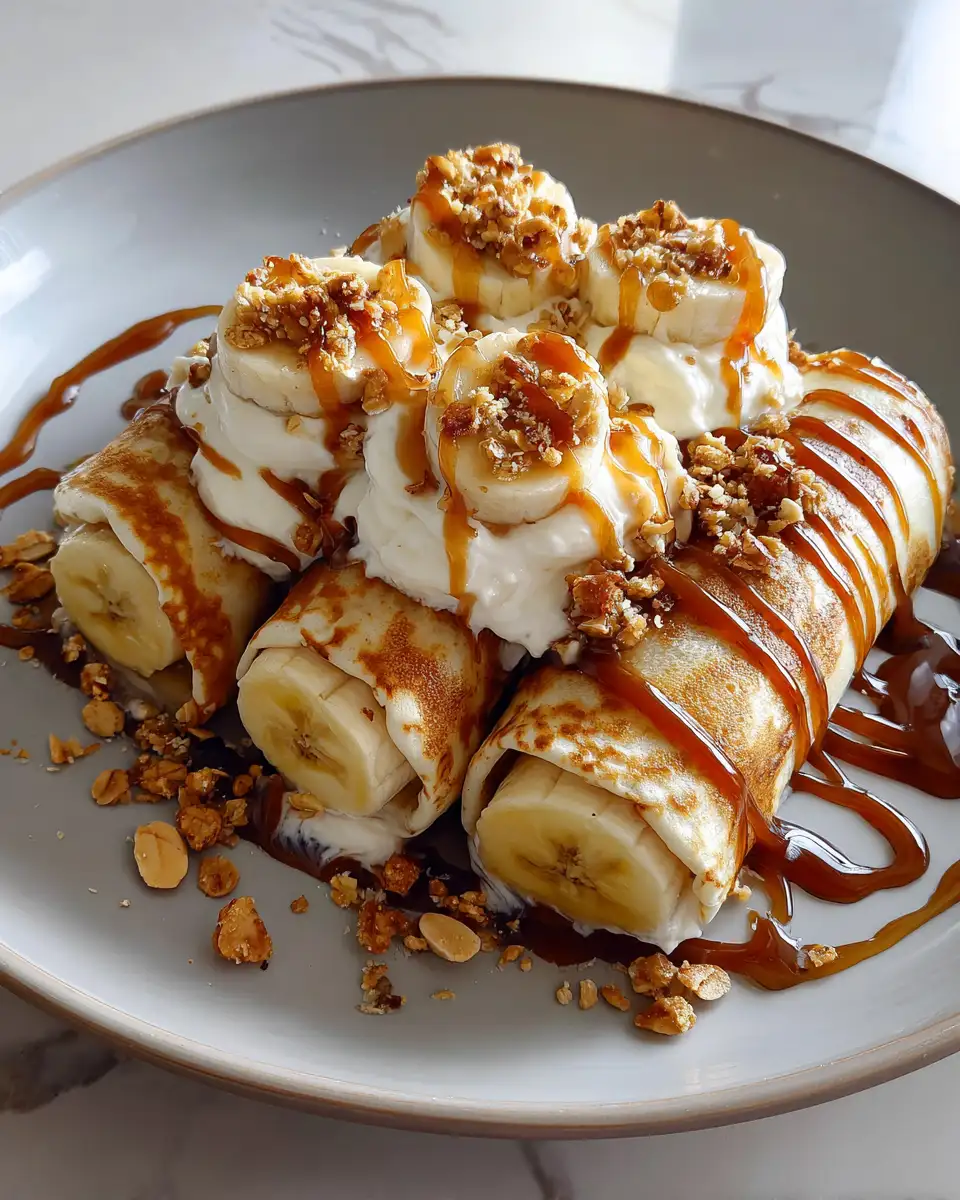 Indulge in Banana Cream Crepe Rolls with Caramel Drizzle and Crunchy Granola Delight - Featured Image