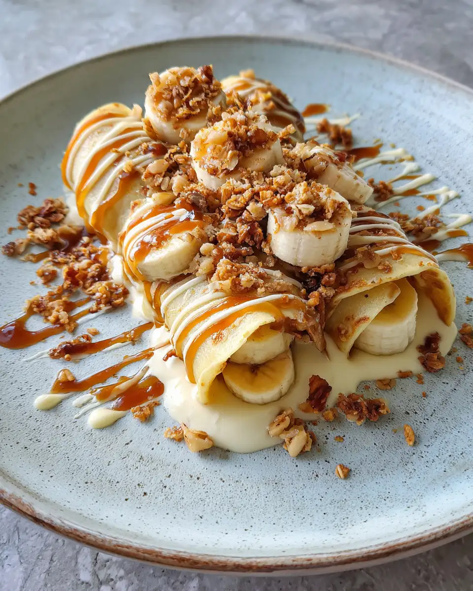 Final dish - Indulge in Banana Cream Crepe Rolls with Caramel Drizzle and Crunchy Granola Delight