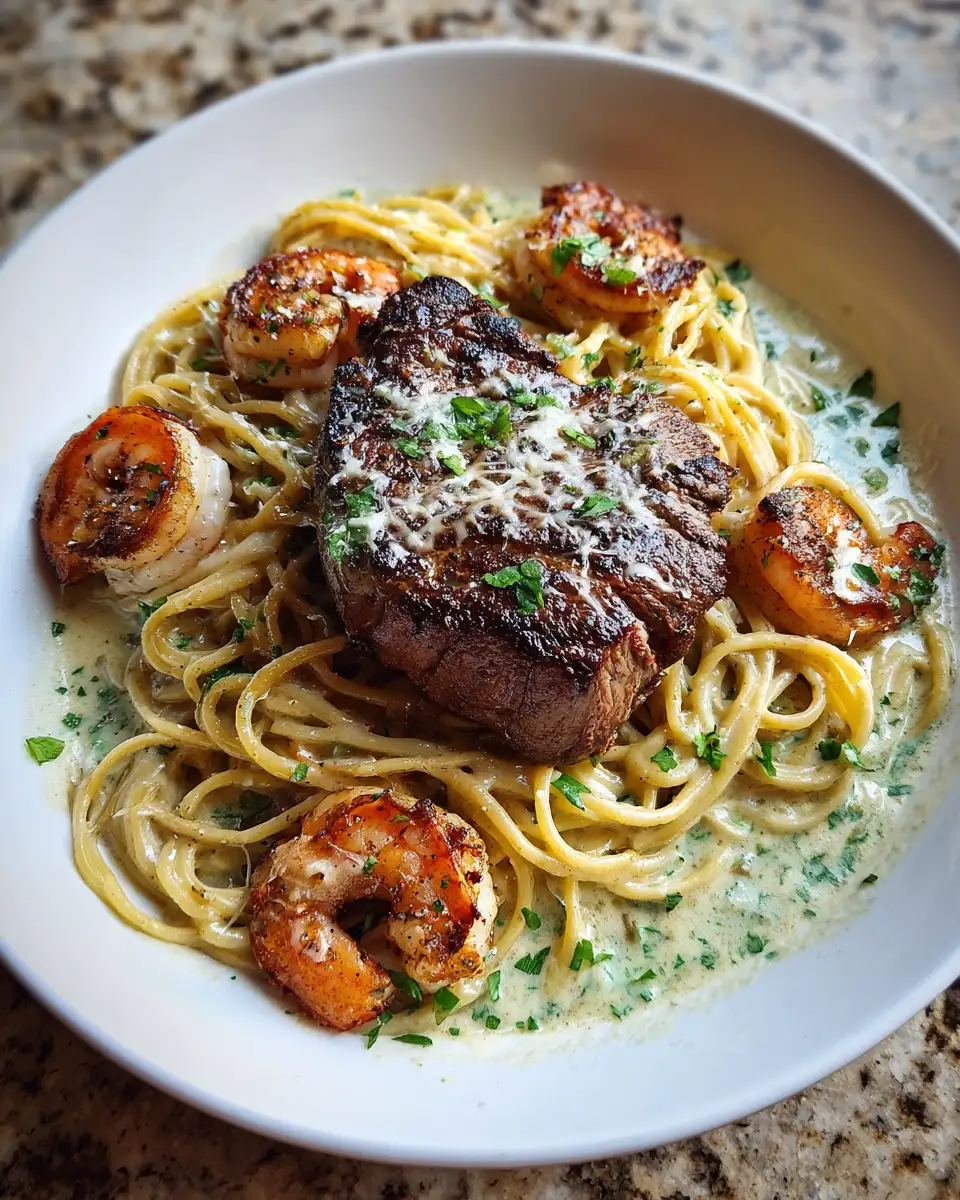 Final dish - Sizzle and Cream: Master the Art of Blackened Steak and Shrimp Alfredo
