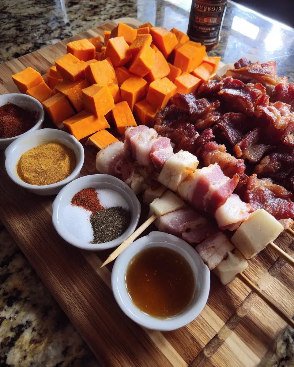 Ingredients for Sweet and Savory Delight: Candied Sweet Potato and Bacon Skewers