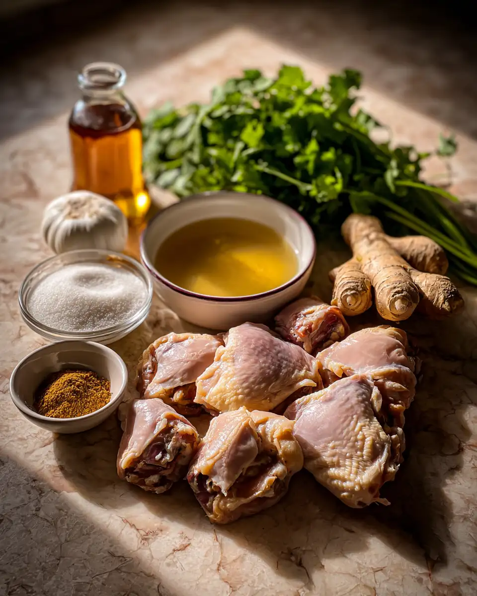 Ingredients for Savory Delights: Caramelized Soy Chicken in a Garlic Ginger Broth Symphony