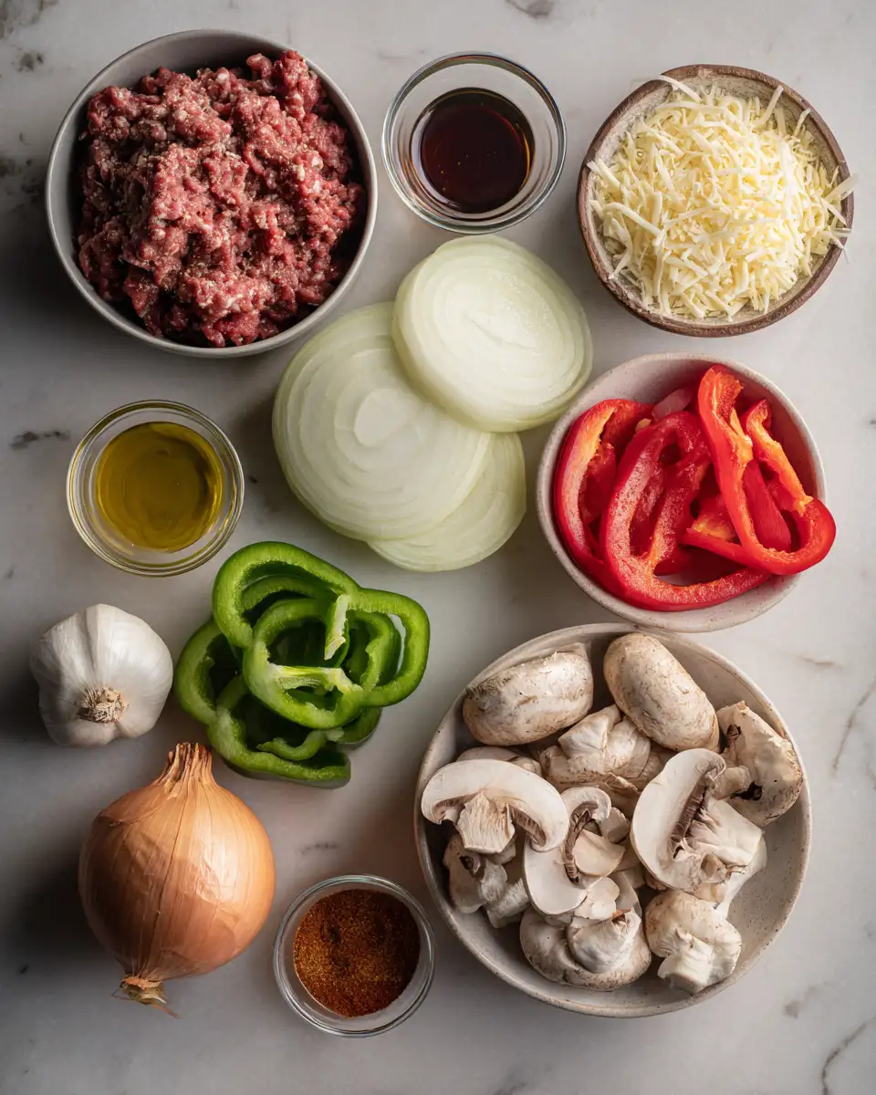 Ingredients for Sizzle and Savor: The Ultimate Cheesesteak Ground Beef Skillet Sensation