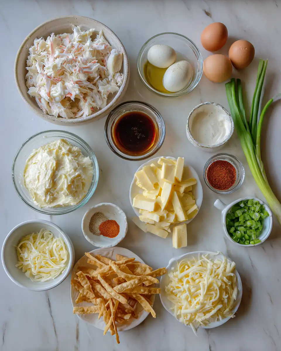 Ingredients for Dive into Decadence with Cheesy Crab Rangoon Casserole
