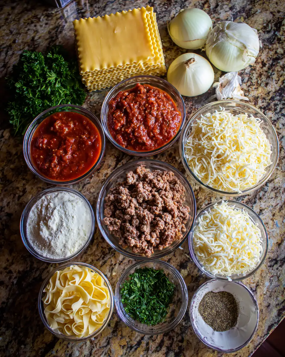 Ingredients for Ultimate Cheesy Lasagna: Dive into Layers of Stretchy Mozzarella Delight