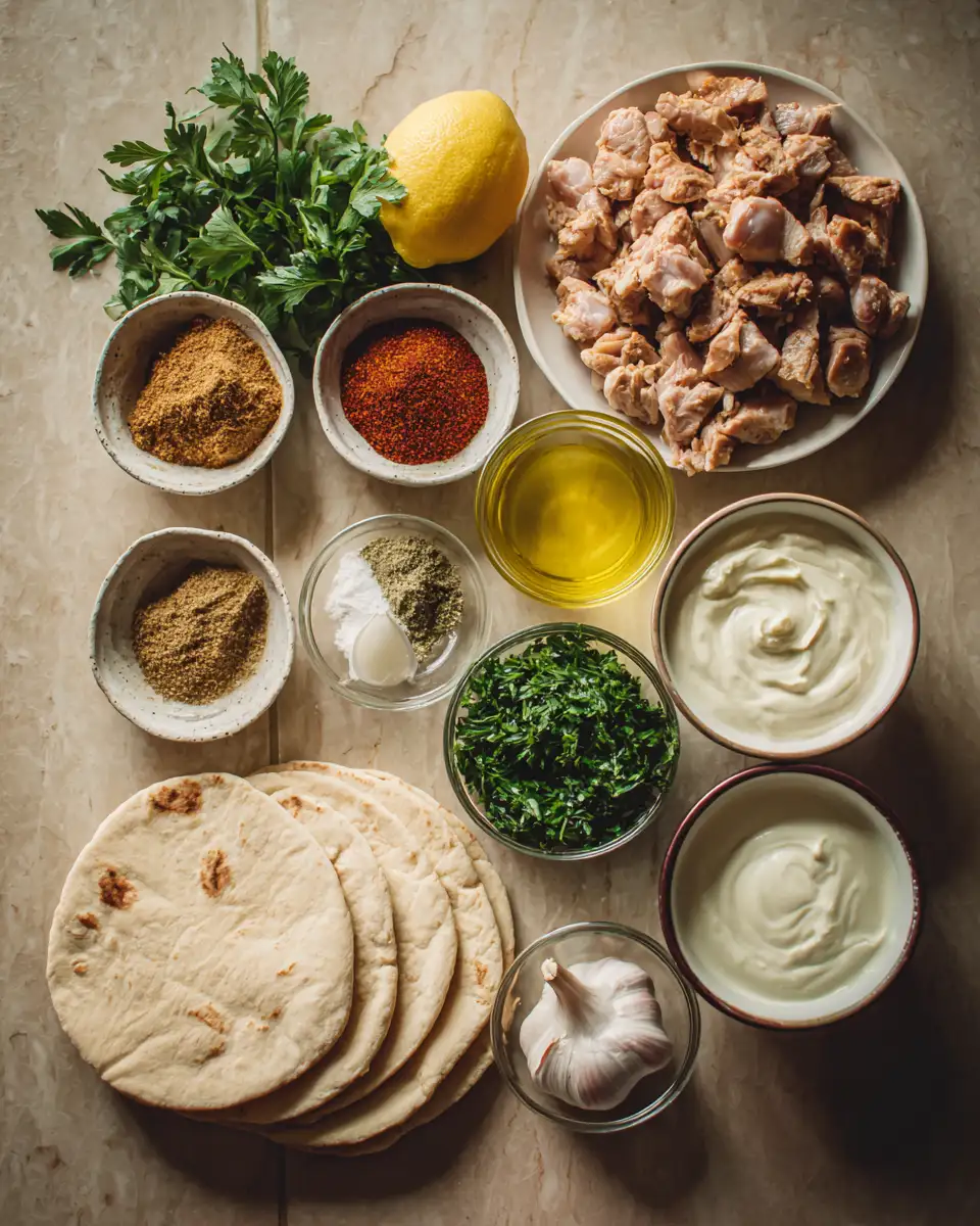 Savor the Flavor: Homemade Chicken Shawarma with Creamy Garlic Sauce 4 Ingredients for Savor the Flavor: Homemade Chicken Shawarma with Creamy Garlic Sauce